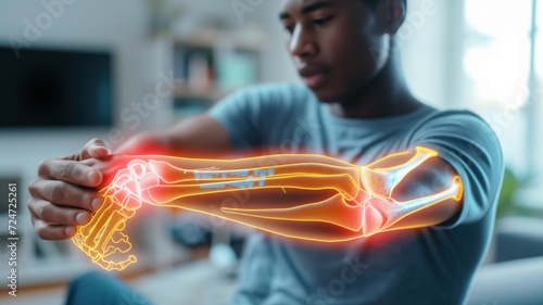 man examining his hand, overlaid with a 3D illustration of bones and joints that glow with areas indicating pain or inflammation. using advanced diagnostic technology