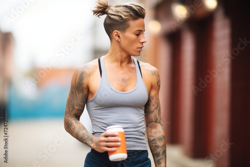 athlete in a racerback top and capris hydrating after a run photo