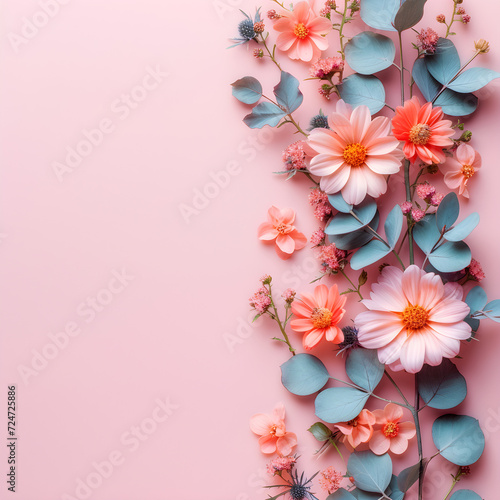 Banner with flowers on light pink background, greeting card template for wedding, mother's or woman's day, springtime composition with copy space, flat lay style. © Jhon