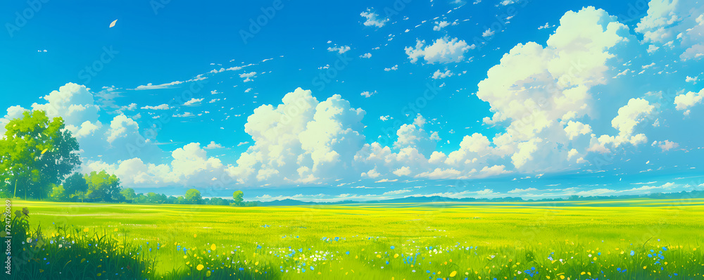 Beautiful grassy fields under a summer blue sky with fluffy white clouds blowing in the wind. Wide format image captures the sky behind a green field, creating a serene landscape of anime backgrounds. Beautiful grassy fields under a summer blue sky with fluffy white clouds blowing in the wind. Wide format image captures the sky behind a green field, creating a serene landscape of anime backgrounds.