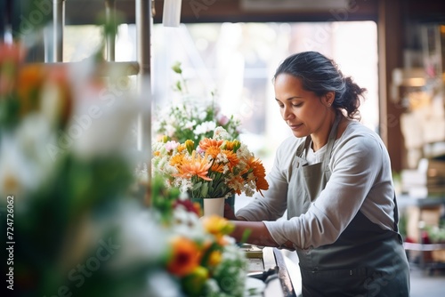 florist arranging a display of mixed flowers for wholesale buyers photo