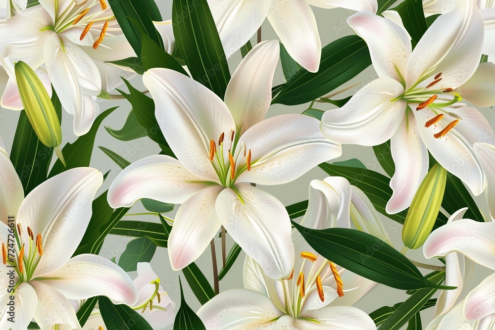 Delicate white lilies, seamless patterns, convey the beauty of nature in spring with the feel of blooming in summer. Delicate white lilies, seamless patterns, convey the beauty of nature in spring with the feel of blooming in summer.