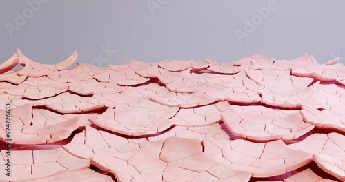 3d animation of the stylized structure of dry skin. Flakes peel off, poor care, environmental pollution, lack of fluid.  Background for showing the action of an active skin moisturizer