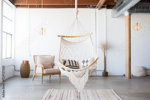 a macrame swing chair under an indoor loft ceiling