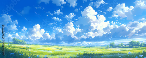 Beautiful grassy fields under a summer blue sky with fluffy white clouds blowing in the wind. Wide format image captures the sky behind a green field, creating a serene landscape of anime backgrounds.