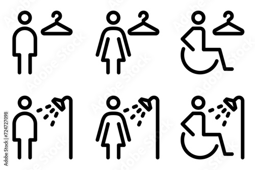 Shower and changing rooms line icon set