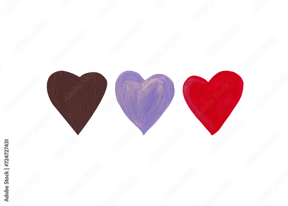 Three hearts made of brown, lavender and scarlet paint. Set of handmade textures. Acrylic elements