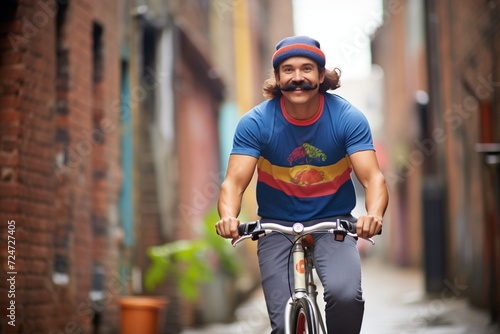 man with handlebar mustache riding fixedgear bike in alley photo