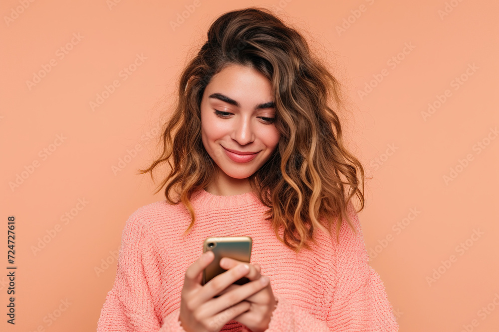 Casual Latin woman on peach background using smartphone Casual Latin woman on peach background using smartphone