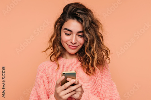 Casual Latin woman on peach background using smartphone