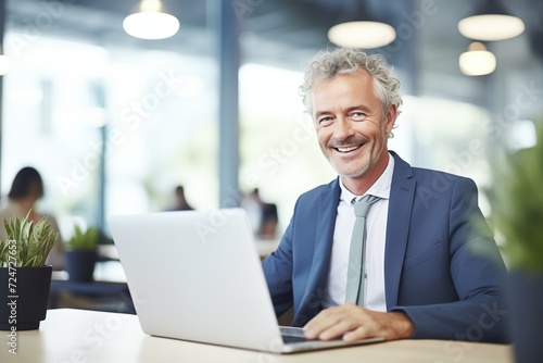 smiling businessman using laptop in modern office