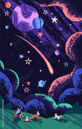 People look up at starlight sky. Couple, friends with dog sitting by fire in park landscape. Man pointing with finger on universe, planets, falling stars. Dreaming concept. Flat vector illustration