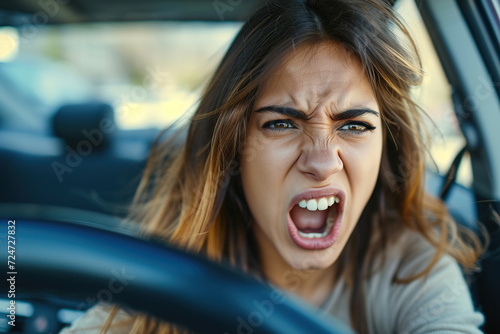 Furious Latin woman. Emotional woman feeling extremely furious while driving near crazy dangerous driver