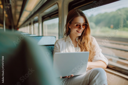 Smiling female entrepreneur surfing the net on laptop while traveling by train © wolfhound911