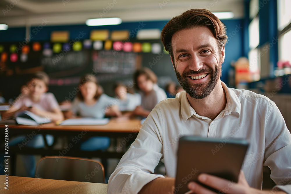 Fototapeta premium Happy high school teacher using digital tablet and looking at camera