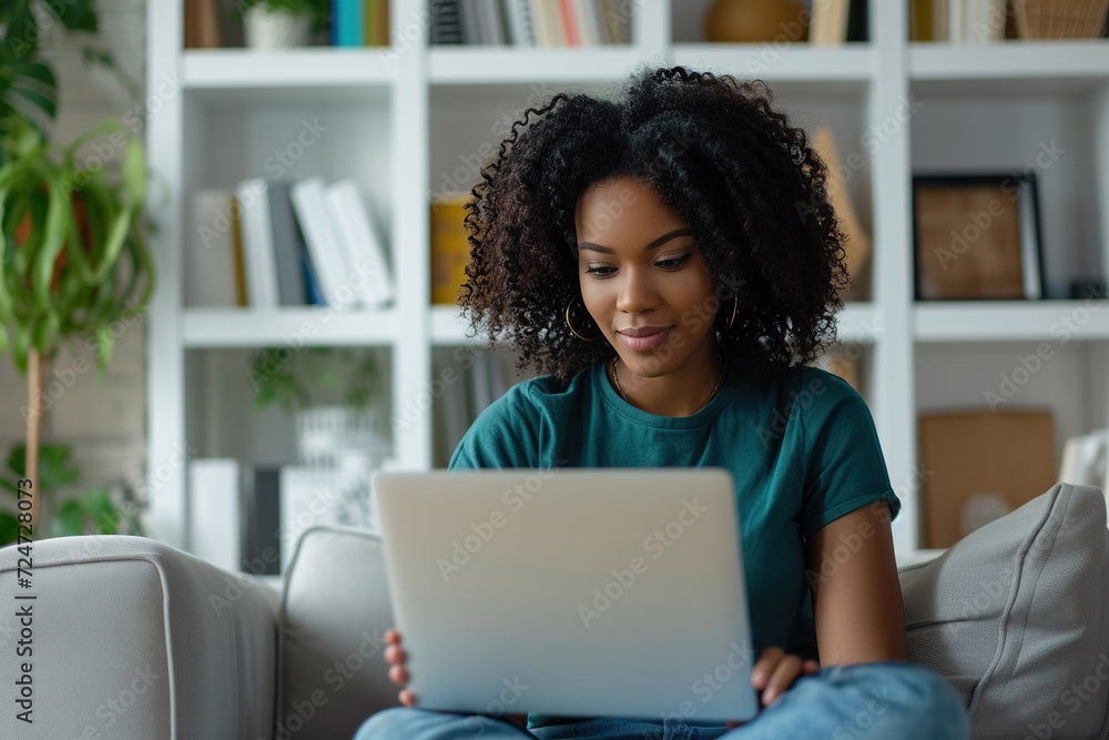 Young African American woman wearing jeans and green t-shirt sitting working in laptop in stylish white home Young African American woman wearing jeans and green t-shirt sitting working in laptop in stylish white home