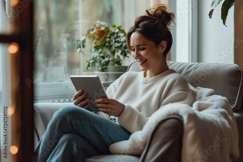 Latin woman relaxing at home she is sitting on the armchair and connecting with her digital tablet contemporary design interior