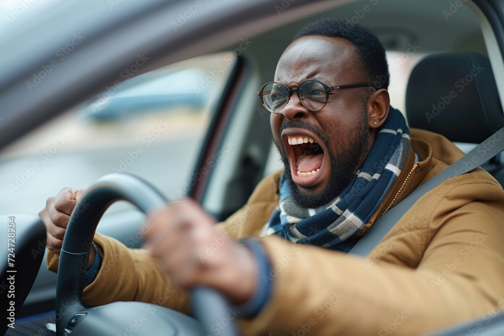 Emotional man feeling extremely furious while driving near crazy dangerous driver - obrazy, fototapety, plakaty 