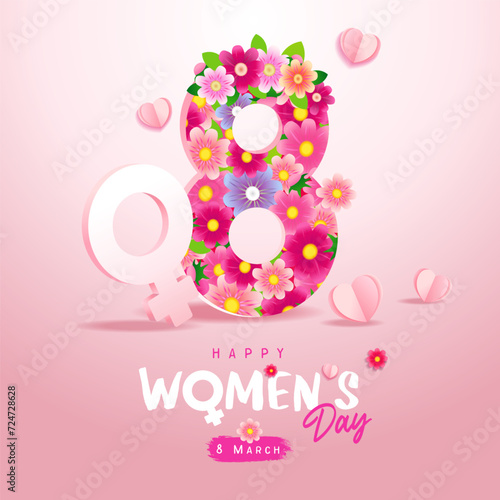 8 march women's day banner with flowers and sweet paper hearts. Promotion and shopping template for Happy womens day and Love concept. Vector illustration