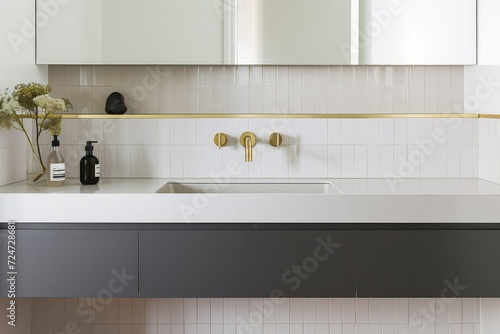 A sleek bathroom with a floating vanity, tiled countertops, and brass fixtures.