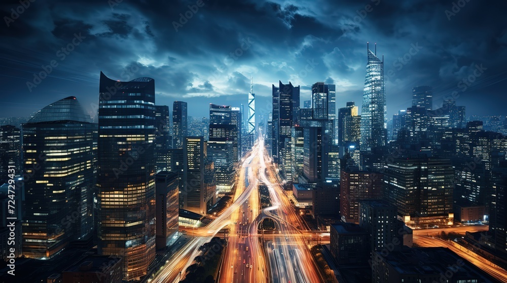 Overhead drone shot, a bustling cityscape at night, glittering lights, towering skyscrapers, traffic trails, New York City, crisp details, DJI Mavic Air 2, long - obrazy, fototapety, plakaty 