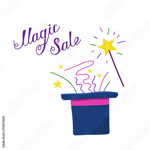 Color vector illustration of a magic sale. Image of a magician's hat with a magic wand.