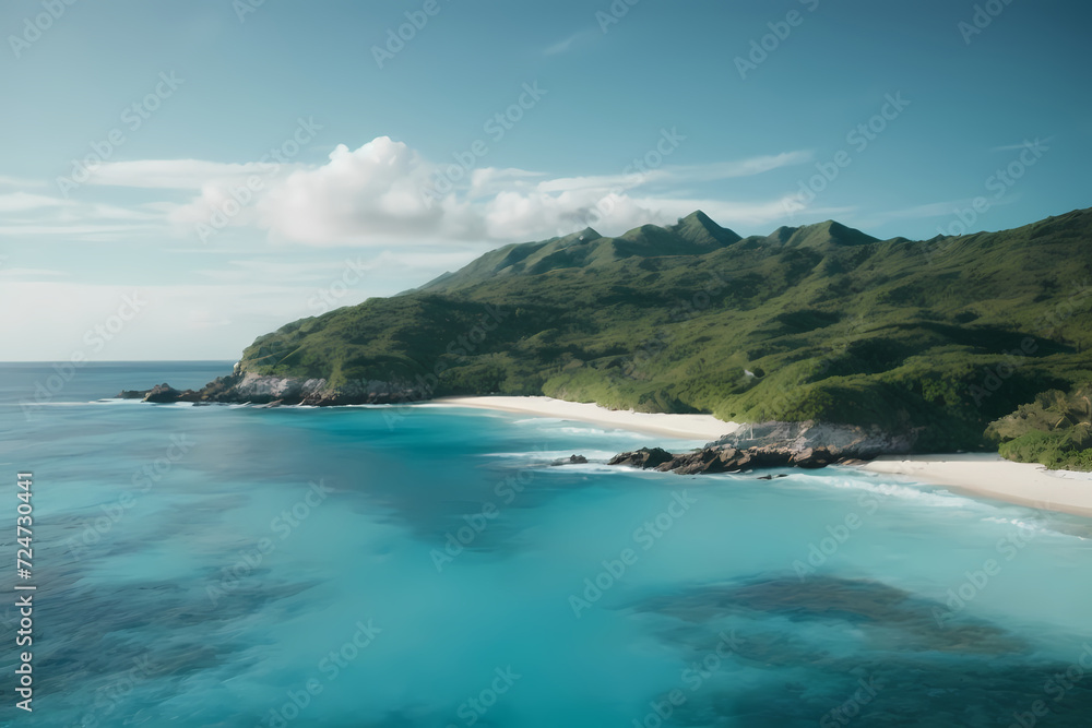 Azure Dreamscape Showcasing the dreamy blend of a clear blue sky and the deep ocean on a tropical coastline, offering a mesmerizing seascape panorama.