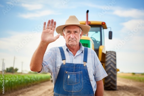 farmer with hand up signaling stop to trespassers on farmland photo