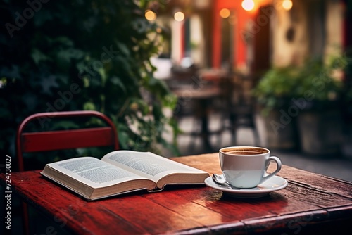 Open book and a cup of coffee on wooden table in street cafe