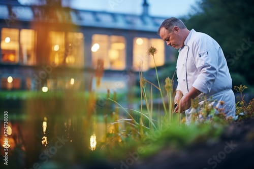 chef foraging herbs near pond, mansions kitchen lit up