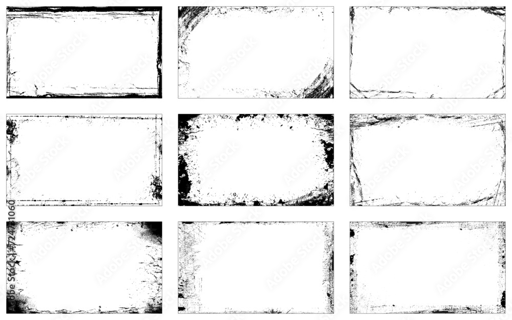 Set of 9 grunge textures border frame. Vector distress overlay textures ...