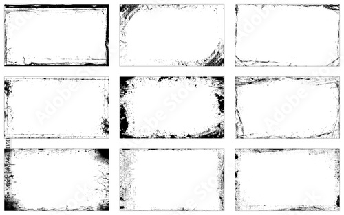 Set of 9 grunge textures border frame. Vector distress overlay textures. photo