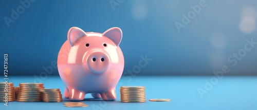 cheerful pink piggy bank next to several gold coins isolated on a blue background. Investment accumulation, financial concept photo