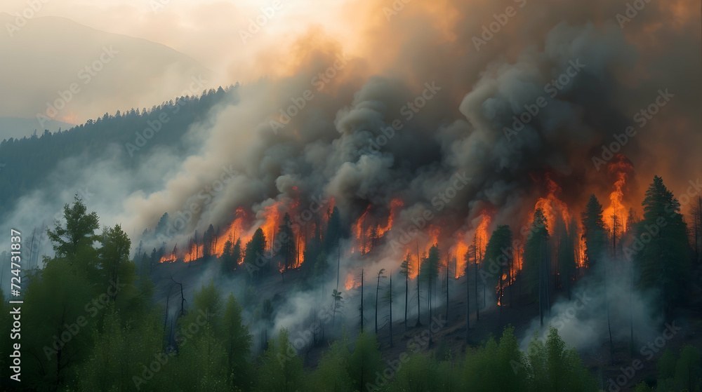 fire in the woods Disaster aftermath landscape, Emergency response scene, Catastrophic event aftermath, Disaster recovery operation, Devastation and cleanup