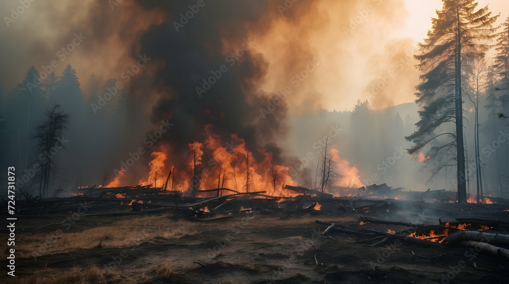 fire in the forest natural disaster situation, Disaster aftermath landscape, Emergency response scene, Catastrophic event aftermath, Disaster recovery operation, Devastation and cleanup, Crisis manage