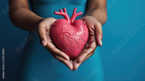 Hands tenderly clasping a red heart against a serene blue background.