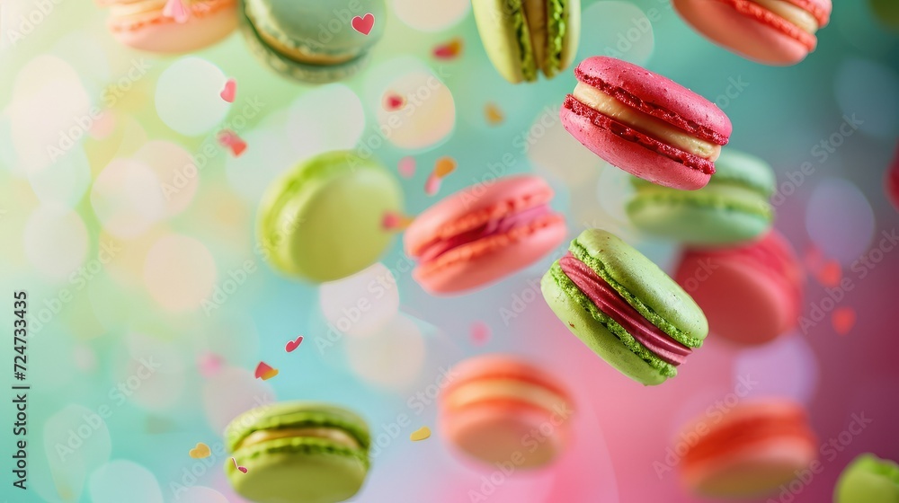 Colorful macarons in the shape of hearts flying against a colorful backgroundใ Colorful macarons in the shape of hearts flying against a colorful backgroundใ