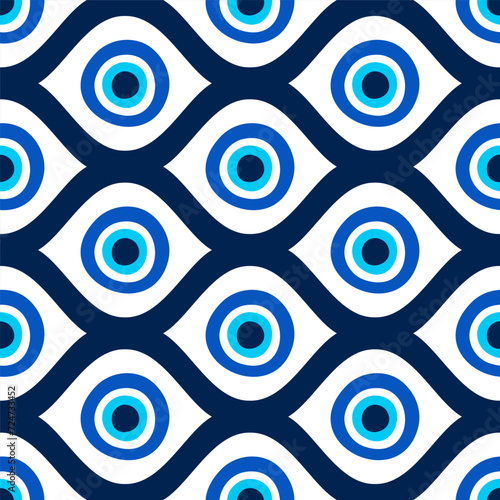 Seamless pattern with blue Turkish evil eyes