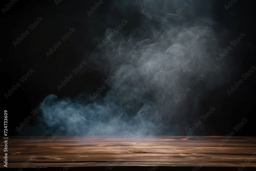 Ethereal Smoke on Wooden Table: An empty wooden table serves as the canvas for wisps of ethereal smoke floating upwards against a dark background, creating a captivating design perfect for showcasing 