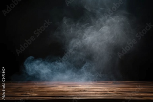 Ethereal Smoke on Wooden Table: An empty wooden table serves as the canvas for wisps of ethereal smoke floating upwards against a dark background, creating a captivating design perfect for showcasing 