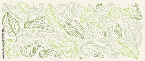 Abstract foliage botanical background vector. Beige wallpaper of tropical plants, leaf branches, palm leaves, green line art. Foliage design for banner, prints, decor, wall art, decoration