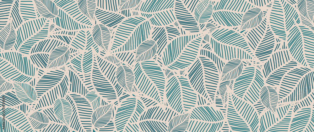 Abstract foliage botanical background vector. Beige wallpaper of tropical plants, leaf branches, palm leaves, green line art. Foliage design for banner, prints, decor, wall art, decoration - obrazy, fototapety, plakaty 