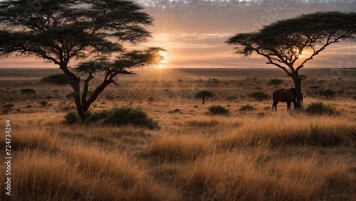 Wildebeest Herd Roaming Serengeti Landscape under a Mesmerizing Sunset Sky with Nature s Elements - Grass  Trees  Water  and Mist  Creating a Beautiful Morning Scene in Summer