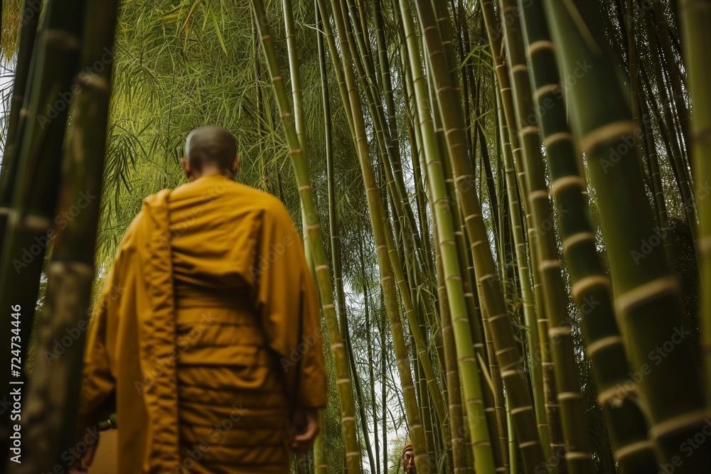 monk walking through a bamboo grove with tall stalks