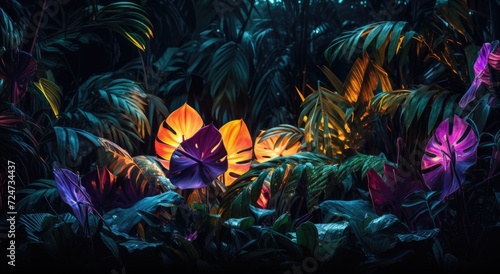 Vibrant tropical leaves and monstera plants illuminated by neon light.