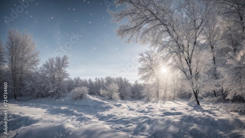 Winter Wonderland: A scenic landscape featuring snow-covered trees, icy roads, and a frosty forest under a blue sky, creating a serene and picturesque winter scene