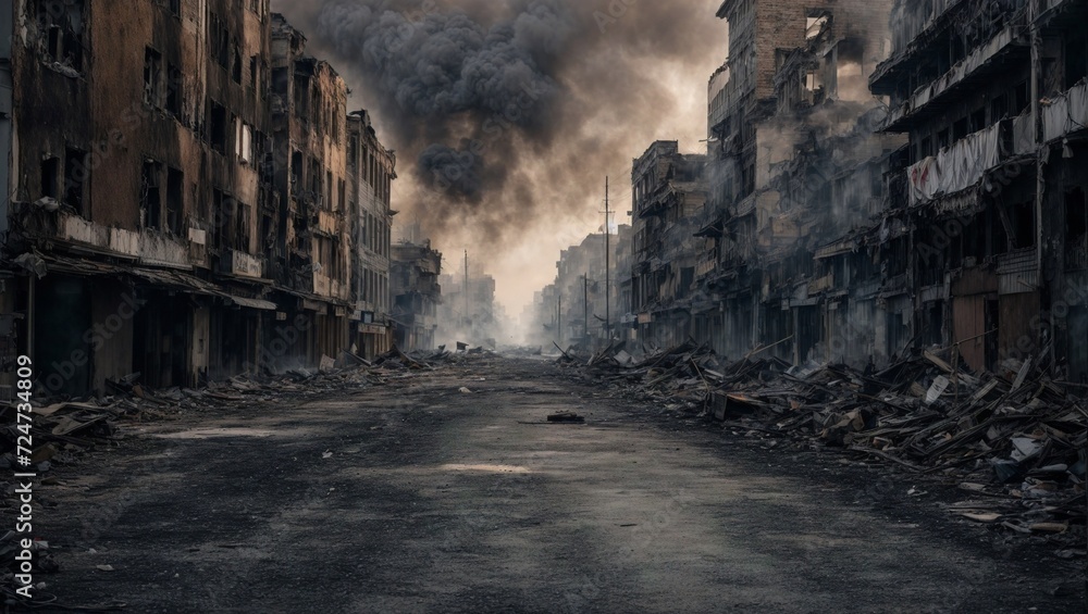 Empty streets of a burned city Apocalyptic view of the city The city was destroyed by war.