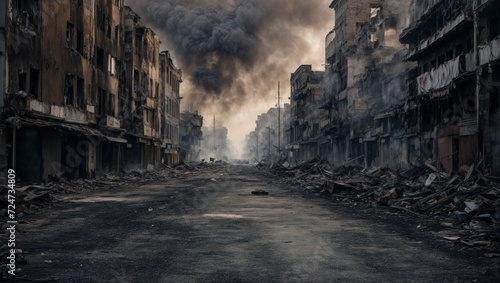 Empty streets of a burned city Apocalyptic view of the city The city was destroyed by war.
