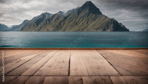 Wooden Table with Mountain View by the Lake under Summer Sky © Joesunt