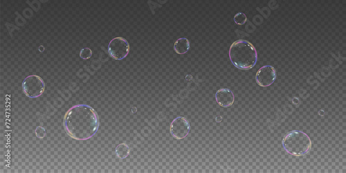 Realistic soap vector bubbles png isolated on transparent background. The effect of falling and flying bubbles. Glass bubble effect.